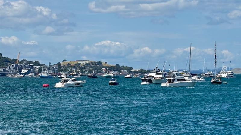 The spectator fleet packed in at the eastern end of the race area - Day 1 - SailGP Auckland - January 18, 2025 photo copyright Richard Gladwell - Sail-World.com/nz taken at Royal New Zealand Yacht Squadron and featuring the F50 class