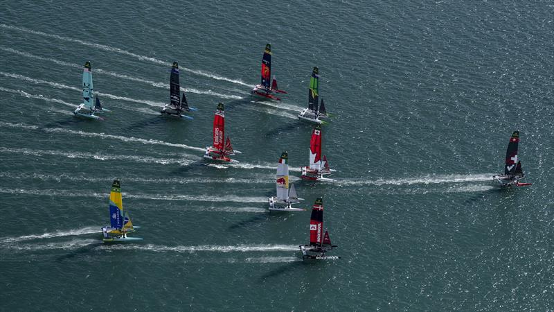 The fleet led by Switzerland SailGP Team helmed by Sebastien Schneiter photo copyright Jason Ludlow for SailGP taken at  and featuring the F50 class