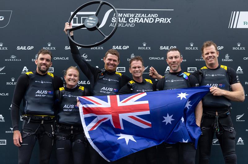 Australia SailGP Team helmed by Tom Slingsby and his team celebrate winning The Rolex SailGP Championship ITM New Zealand Sail Grand Prix in Auckland photo copyright Brett Phibbs for SailGP taken at  and featuring the F50 class