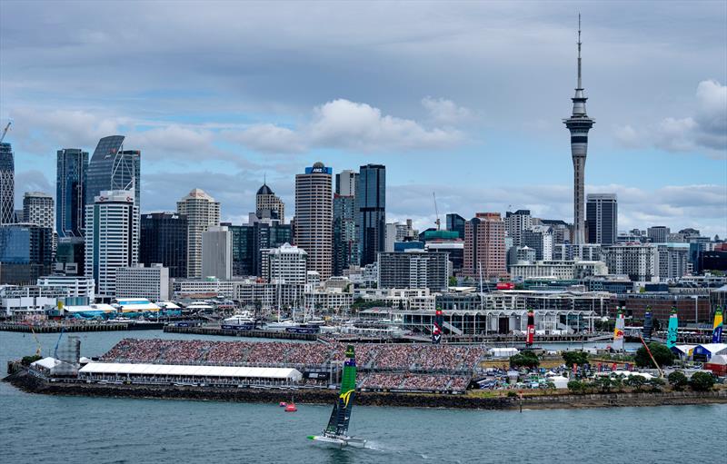 Australia SailGP Team helmed by Tom Slingsby head towards the finish marker win the final race on Race Day 2 of The Rolex SailGP Championship ITM New Zealand Grand Prix in Auckland photo copyright Bob Martin for SailGP taken at  and featuring the F50 class