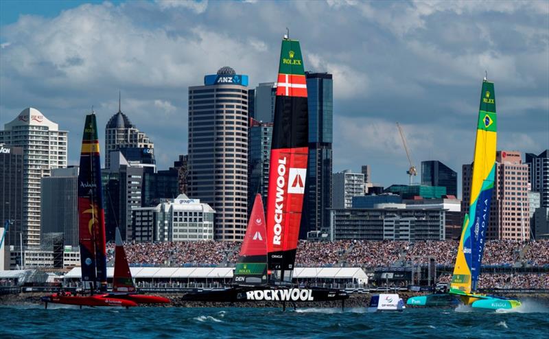 ROCKWOOL Denmark SailGP Team helmed by Nicolai Sehested, Mubadala Brazil SailGP Team helmed by Martine Grael, Spain SailGP Team helmed by Diego Botin in action on Race Day 1 of The Rolex SailGP Championship ITM New Zealand Sail Grand Prix in Auckland, New photo copyright Ricardo Pinto for SailGP taken at  and featuring the F50 class