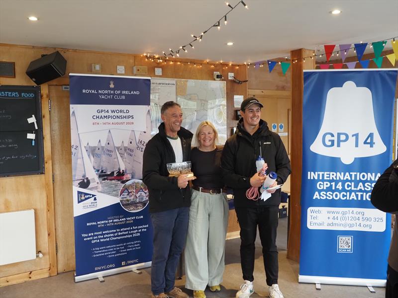 GP14 Masters Championship at Welsh Harp Prizegiving: Jasper and Fergus Barnham with WHSC Commodore Liz Guest photo copyright Luke Howard, WHSC taken at Welsh Harp Sailing Club and featuring the GP14 class