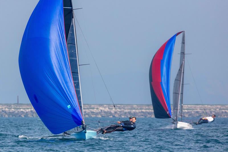 International 14s at the Weymouth Skiff Open photo copyright Tim Olin / www.olinphoto.co.uk taken at Weymouth & Portland Sailing Academy and featuring the International 14 class