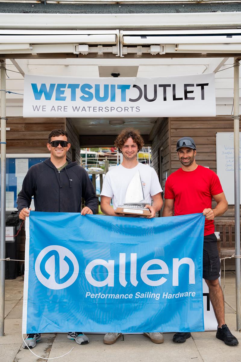 Wetsuit Outlet International Moth UK Nationals top three (l-r) Jack Wetherell (2nd), Eddie Bridle (1st), Kyle Stoneham (3rd) photo copyright David Simmonds / IMCAUK taken at Restronguet Sailing Club and featuring the International Moth class