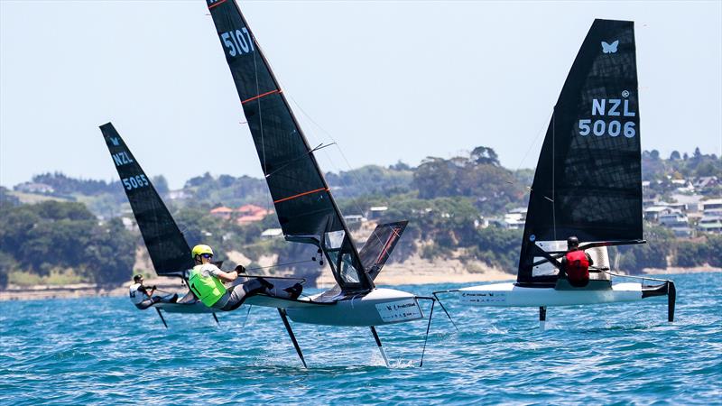 Mattias Coutts with Jake Pye (NZL5006) and Seb Menzies (NZL5065)  - Day 5 - 2024 PredictWind Moth Worlds - Manly Sailing Club. January 9, 2025 - photo © Richard Gladwell - Sail-World.com/nz