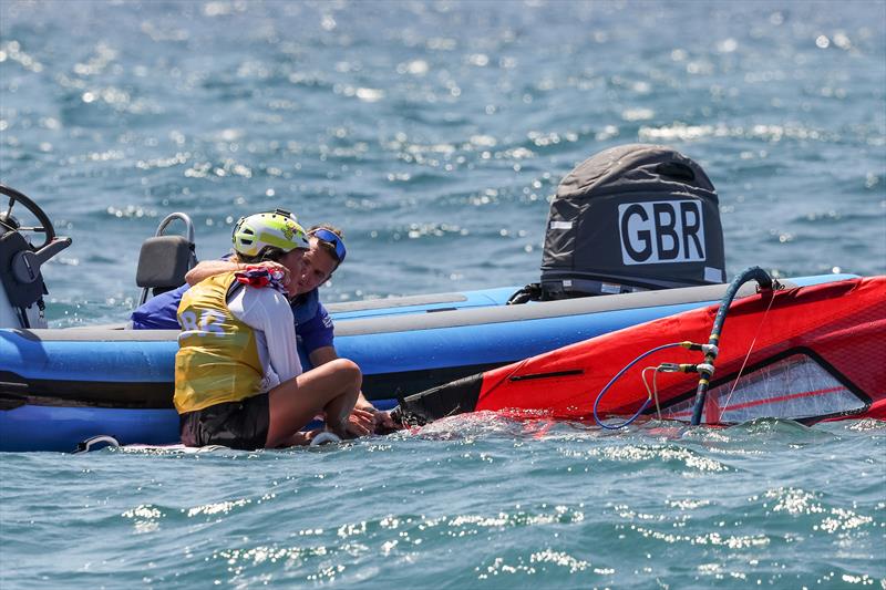 Emma Wilson (GBR) in consoled after having to settle for bronze in the Women's iQFoil on August 3 in Marseille at the Paris 2024 Olympic Regatta - photo © World Sailing / Sander van der Borch