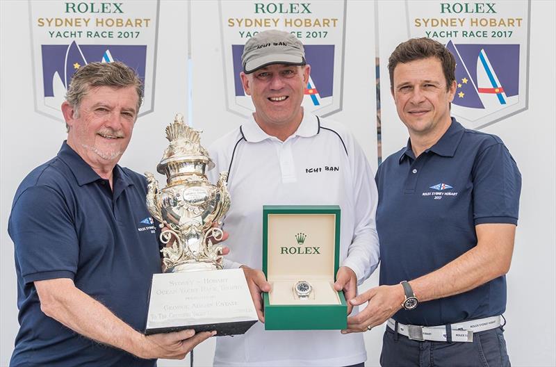 Overall winner Prizegiving John Markos (CYCA Commodore), Matt Allen (Ichi Ban) and Patrick Boutellier (Rolex Australia) - 2017 Rolex Sydney Hobart Yacht Race - photo © ROLEX Studio Borlenghi