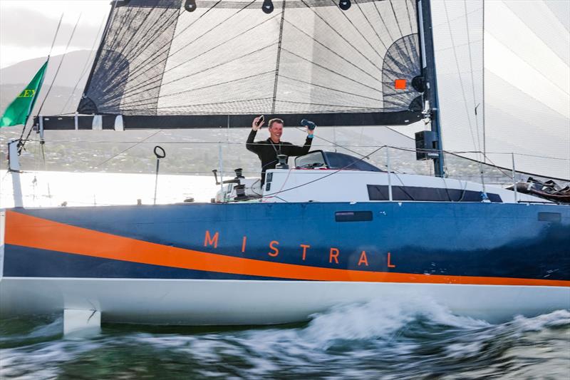 A jubilant Rupert Henry as Mistral crosses the line photo copyright Salty Dingo taken at Cruising Yacht Club of Australia and featuring the IRC class