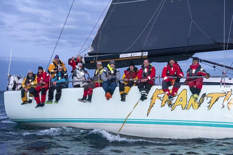 A jubilant Frantic crew after crossing the 2023 finish line in the Sydney to Auckland Ocean Race 2023 photo copyright Chris Cameron taken at Royal Prince Alfred Yacht Club and featuring the IRC class