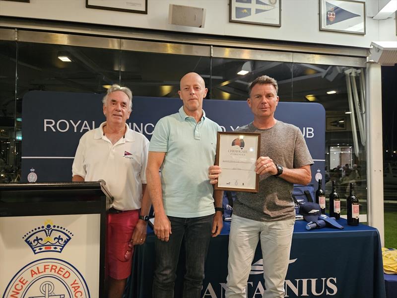 RPAYC Commodore Rob McClelland (left) with 2023 AORC winners Rupert Henry (middle) photo copyright RPAYC taken at Royal Prince Alfred Yacht Club and featuring the IRC class