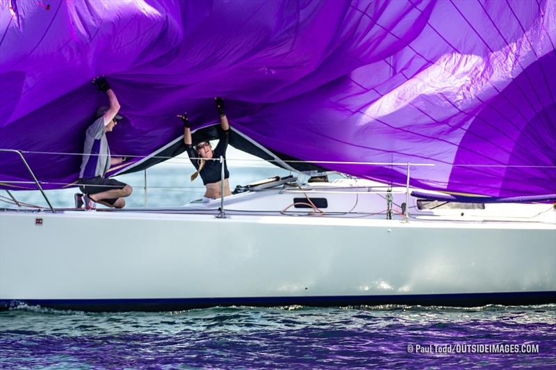 The foredeck crew aboard Bill Zartler's Deja Voodoo executes a perfect takedown on their way to winning the second J/105 race of the day at the 2019 Helly Hansen NOOD Regatta at Marblehead Race Week. - photo © Paul Todd / www.outsideimages.com