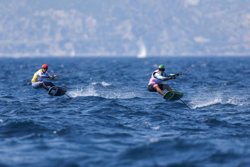 Italy's Riccardo Pianosi and Brazil's Bruno Lobo during Men's Kite Semi-Final A Race 1 at the Paris 2024 Olympics photo copyright World Sailing / Lloyd Images taken at  and featuring the Kiteboarding class