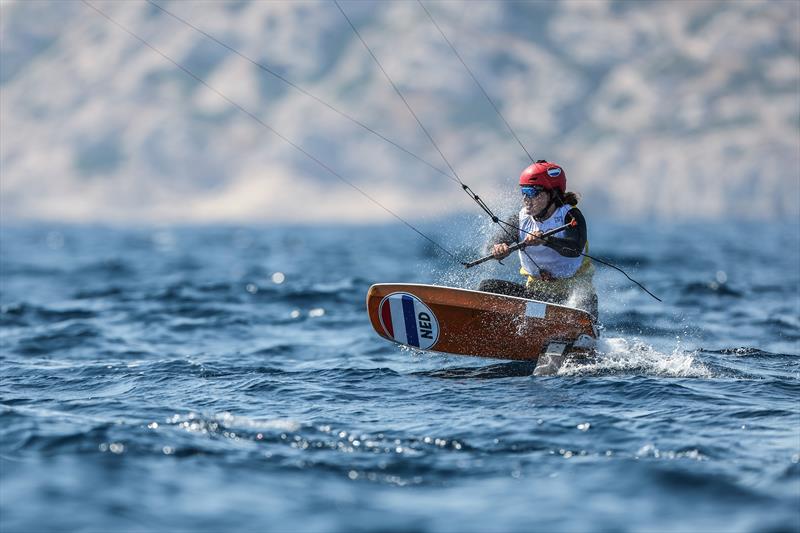 The Netherlands' Annelous Lammerts during Women's Kite Semi-Final B Race 1 at the Paris 2024 Olympics photo copyright World Sailing / Sander van der Borch taken at  and featuring the Kiteboarding class