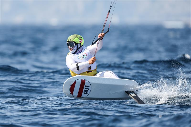 Austria's Valentin Bontus during Men's Kite Semi-Final B Race 1 at the Paris 2024 Olympics photo copyright World Sailing / Sander van der Borch taken at  and featuring the Kiteboarding class