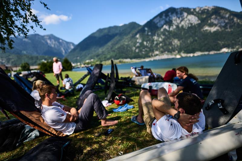 Life on a grassy beach - 2024 KiteFoil World Series Austria day 1 photo copyright IKA Media / Robert Hajduk taken at  and featuring the Kiteboarding class