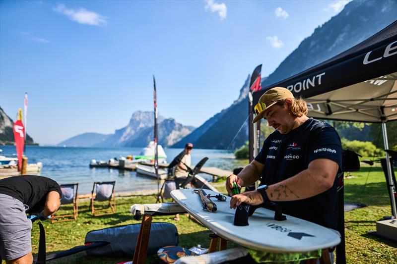 Valentin Bontus working on his new equipment - 2024 KiteFoil World Series Austria day 1 photo copyright IKA Media / Robert Hajduk taken at  and featuring the Kiteboarding class