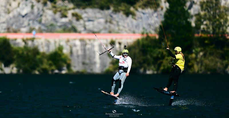 Valentin Bontus having a good laugh with top girl Jessie Kampman - 2024 KiteFoil World Series Austria day 3 photo copyright IKA Media / Robert Hajduk taken at  and featuring the Kiteboarding class