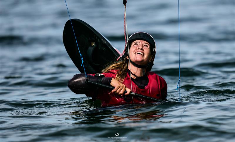 Gal Zukerman sinks into the water and lets slip a critical race lead - 2024 KiteFoil World Series Austria photo copyright IKA Media / Robert Hajduk taken at  and featuring the Kiteboarding class