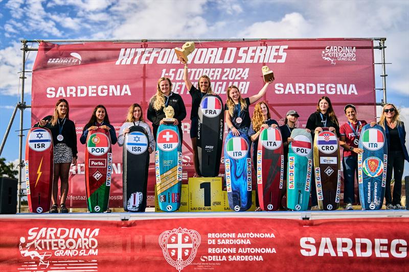 Kampman at the centre of the women's podium - 2024 KiteFoil World Series Sardinia photo copyright IKA Media / Robert Hajduk taken at  and featuring the Kiteboarding class