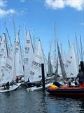 An on-water traffic jam on Saturday during Kieler Woche when five fleets are released to launch at once © Martin Pascoe