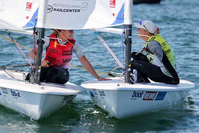 Still goods friends finishing Kiel Weeks medal Race are overall winner Agata Barwinska (right) and Dane Anna Much - photo © Christian Beeck