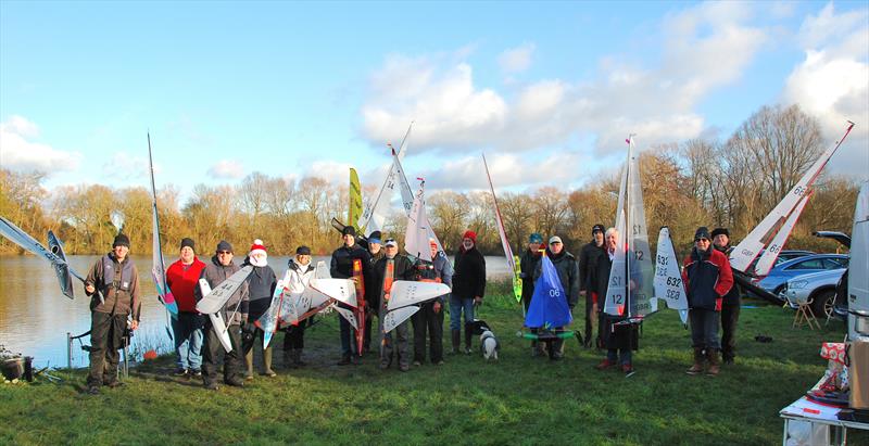 Brass Monkey Christmas race at Abbey Meads - group photo of all 16 competitors (the greatest number of years) photo copyright Roger Stollery taken at Guildford Model Yacht Club and featuring the Marblehead class