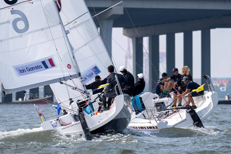 Left - Ian Garreta (FRA) with crew Vicenç Girodeau, Thibaut Demai, Calixte Benoit, Alice Chiappori. Right - Cole Tapper (AUS) / CYCA with crew Jordan Reece, Max Brennan, and Hamish Vass - photo © Ian Roman / WMRT