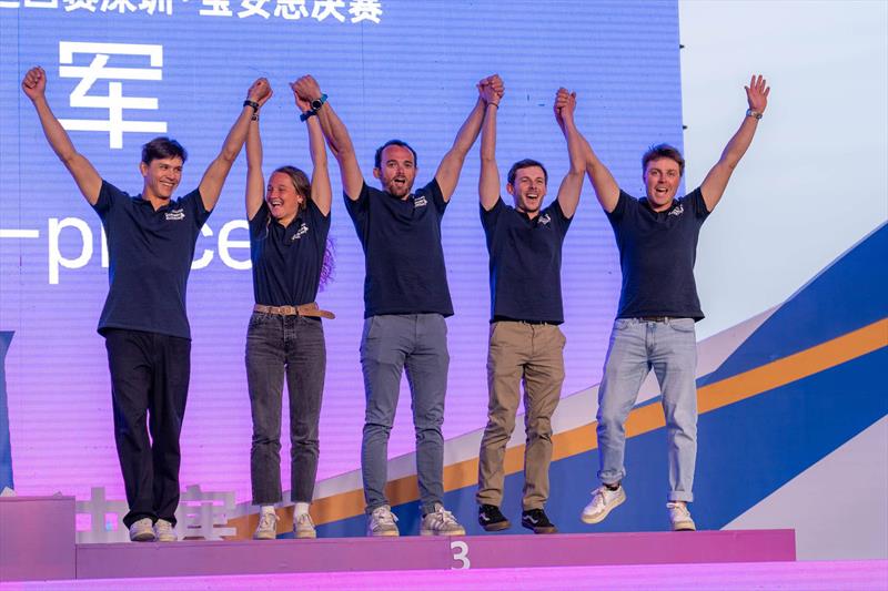 Aurélien Pierroz (FRA) Match Again by Normandy Elite Team with crew Clément Michel, Sébastien Riot, Aurélien Barthelémy, and Lola Billy celebrating on the podium - World Match Racing Tour Shenzhen Bao'an Final 2024 - photo © Ian Roman / WMRT