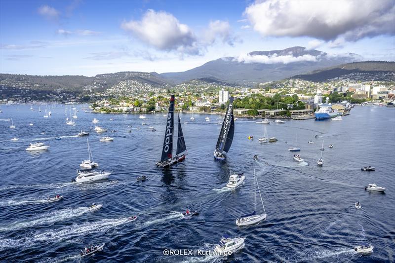 andoo Comanche and LawConnect battle to the Rolex Sydney Hobart Yacht Race finish photo copyright Rolex / Kurt Arrigo taken at Cruising Yacht Club of Australia and featuring the Maxi class