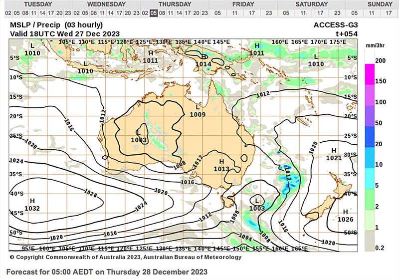 Mean Sea level Pressure Chart for Thursday as the low takes up residence.. photo copyright Bureau of Meteorology taken at 