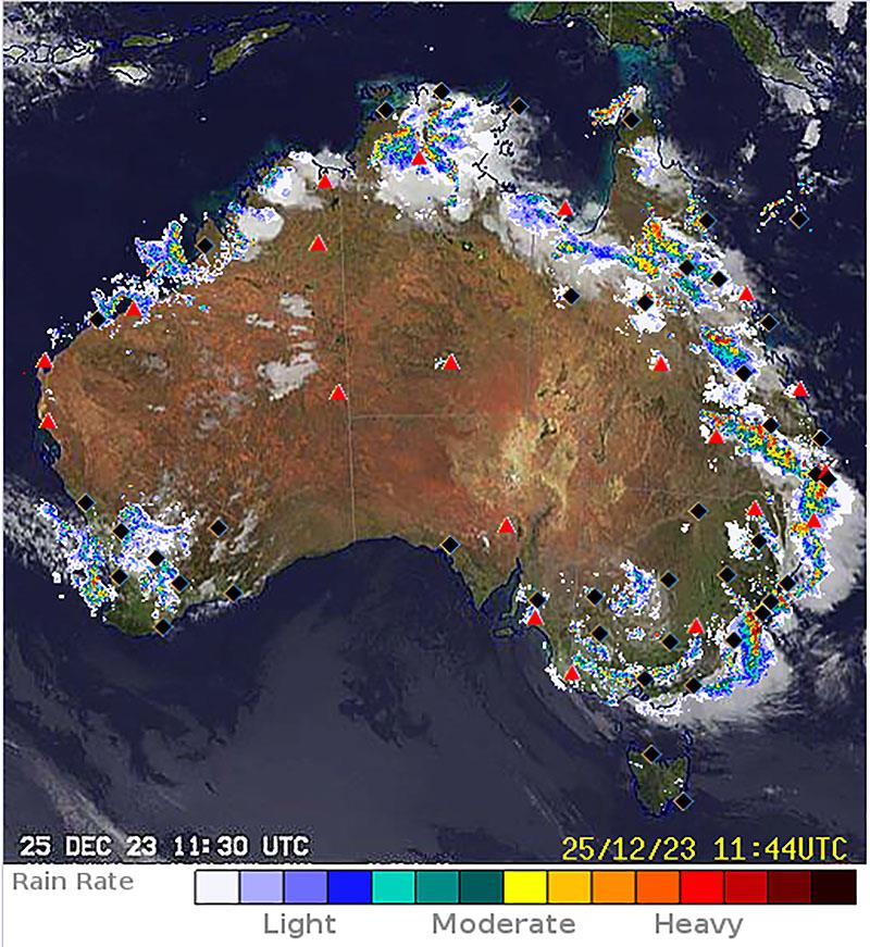 Rain Radar on Christmas Day night photo copyright Bureau of Meteorology taken at 