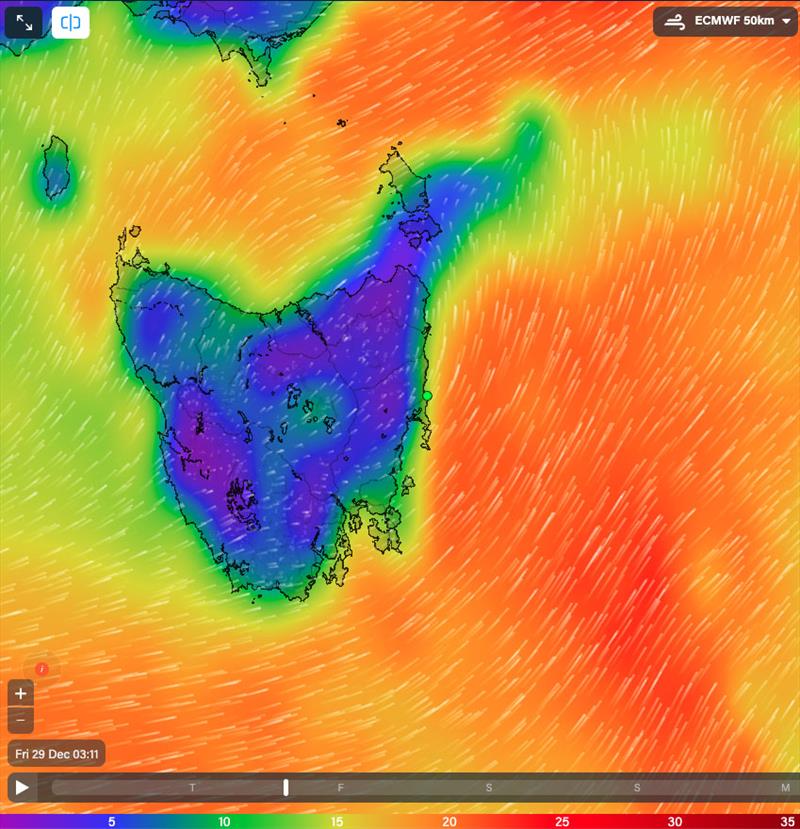 Wind over Tasmania at 0311hrs 29/12/23 photo copyright Predictwind.com taken at Cruising Yacht Club of Australia