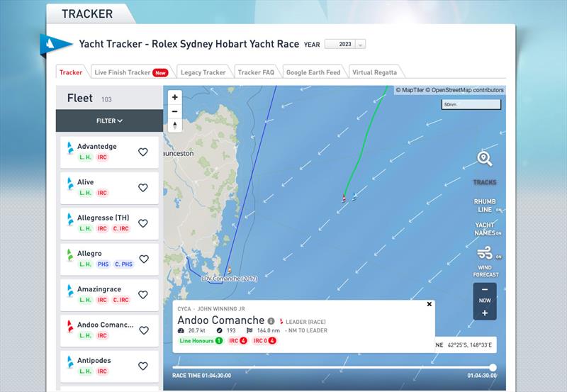 Position of leaders of 2023 Sydney Hobart Race and relative position of record pace from 2017 photo copyright Cruising Yacht Club of Australia taken at Cruising Yacht Club of Australia