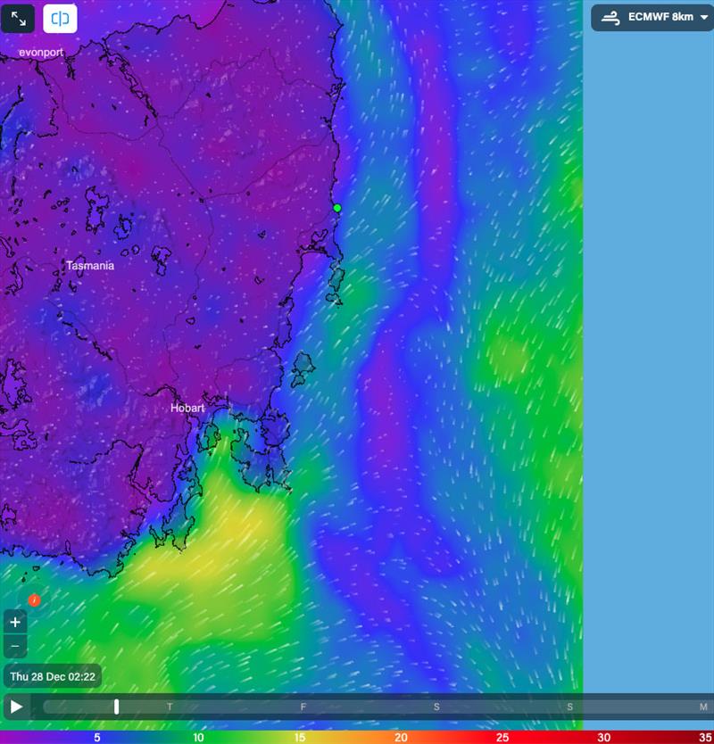 Wind for the East Coast of Tasmania at 0222hrs 28/12/23 photo copyright Predictwind.com taken at Cruising Yacht Club of Australia