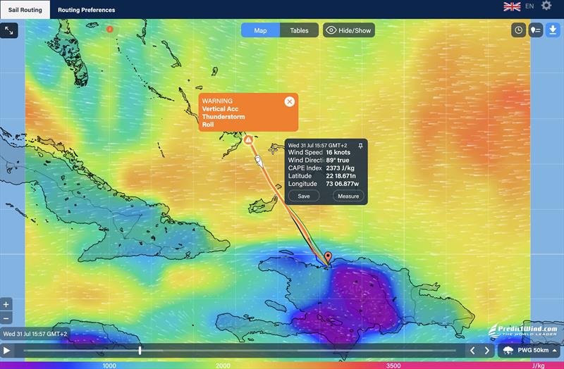 Weather Routing thunderstorm, CAPE Map, with warning photo copyright Predictwind.com taken at 