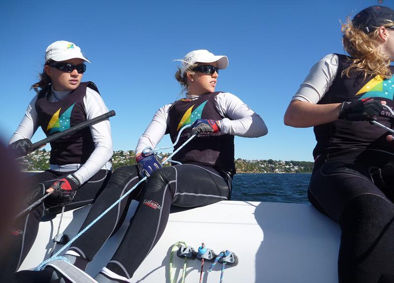 Katie Spithill with the tiller, Jessica Eastwell on main, and Olivia Price bow. This crew qualified Australia for the Elliot 6 for London 2012 - photo © Mick Miller