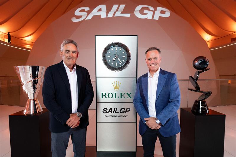 Sir Russell Coutts, SailGP CEO, with Joel Aeschlimann, Rolex International Sponsorship Manager, attending the SailGP 2025 Season Launch Event at Expo 2020, ahead of the Emirates Dubai Sail Grand Prix presented by P&O Marinas in Dubai, UAE - photo © Simon Bruty for SailGP