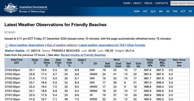 Observations from Friendly Beaches on Tasmania's East coast photo copyright Bureau of Meteorology taken at Cruising Yacht Club of Australia