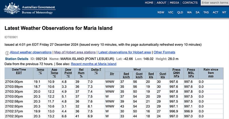 Observations from Maria Island off Tasmania's East coast - photo © Bureau of Meteorology