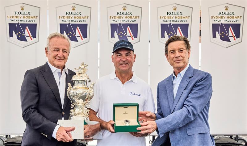 David Jacobs, Vice Commodore of the CYCA; Dr Sam Haynes, skipper of the overall winning yacht Celestial V70 and Commodore of the CYCA; Laurent Delanney, ROLEX SA photo copyright Carlo Borlenghi / ROLEX taken at Cruising Yacht Club of Australia