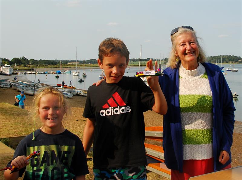 Waldringfield Bottle Boat Championship - Helen & Oliver receive their prizes from Celia Mason - photo © Linda Price