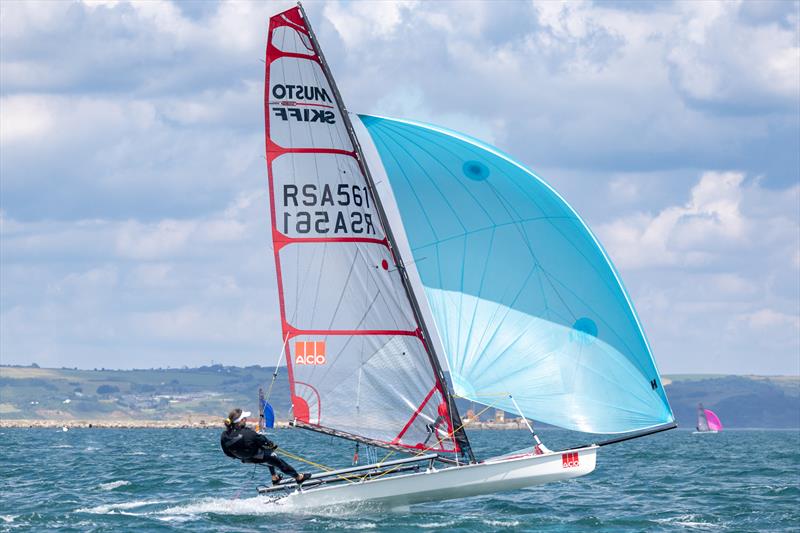 Brennan Robinson on day 2 of the ACO 13th Musto Skiff 2024 Worlds at the WPNSA - photo © Michael Oliver