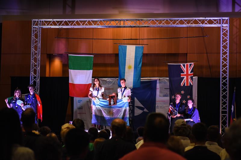 NZL's  Tom Fyfe and Greta Stewart (right) after being awarded the  Bronze medal in the  Nacra 15 class at the 2018 Youth Sailing World Championships, Corpus Chris, Texas - photo © James Tomlinson / / World Sailing