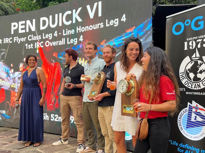 Marie Tabarly (far left) and some of the crew from Pen Duick VI celebrate their Leg 4 wins - photo © Marco Ausderau / OGR2023