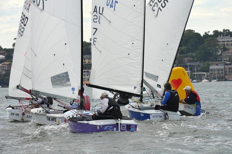 Logjam at a mark on day 4 at the Australian OK Nationals photo copyright Bruce Kerridge taken at Drummoyne Sailing Club and featuring the OK class