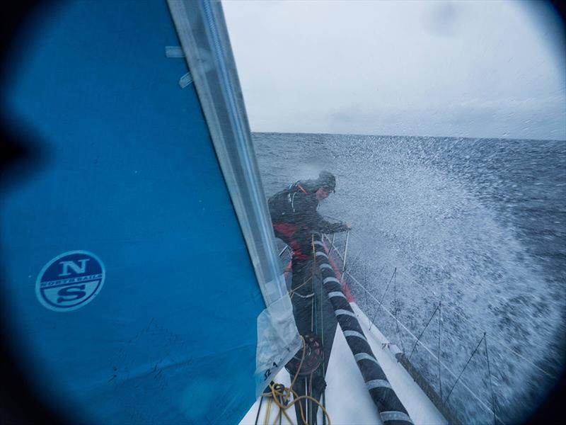 Impressions from the Ocean as Rosalin Kuiper is hit by waves at the bow of the boat - photo © Antoine Auriol / Team Malizia