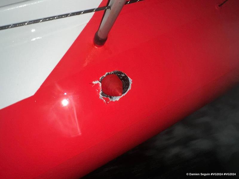 The broken chainplate ripped a hole in the deck of Groupe APICIL photo copyright Damien Seguin - Groupe APICIL taken at Yacht Club de France and featuring the IMOCA class