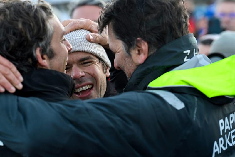 Sébastien Simon (FRA) is photographed with winner Charlie Dalin and 2nd Yoann Richomme after taking 3rd place in the Vendée Globe, on January 17, in Les Sables d'Olonne, France - photo © Jean-Louis Carli / Alea