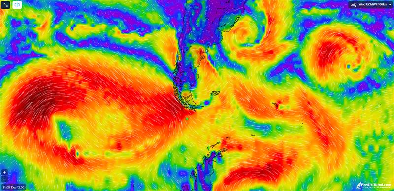 Current prognosis (2200hrs UTC) showing low presure cells advancing Cape Horn - Dec 28 2024 photo copyright Predictwind taken at Royal New Zealand Yacht Squadron and featuring the  class