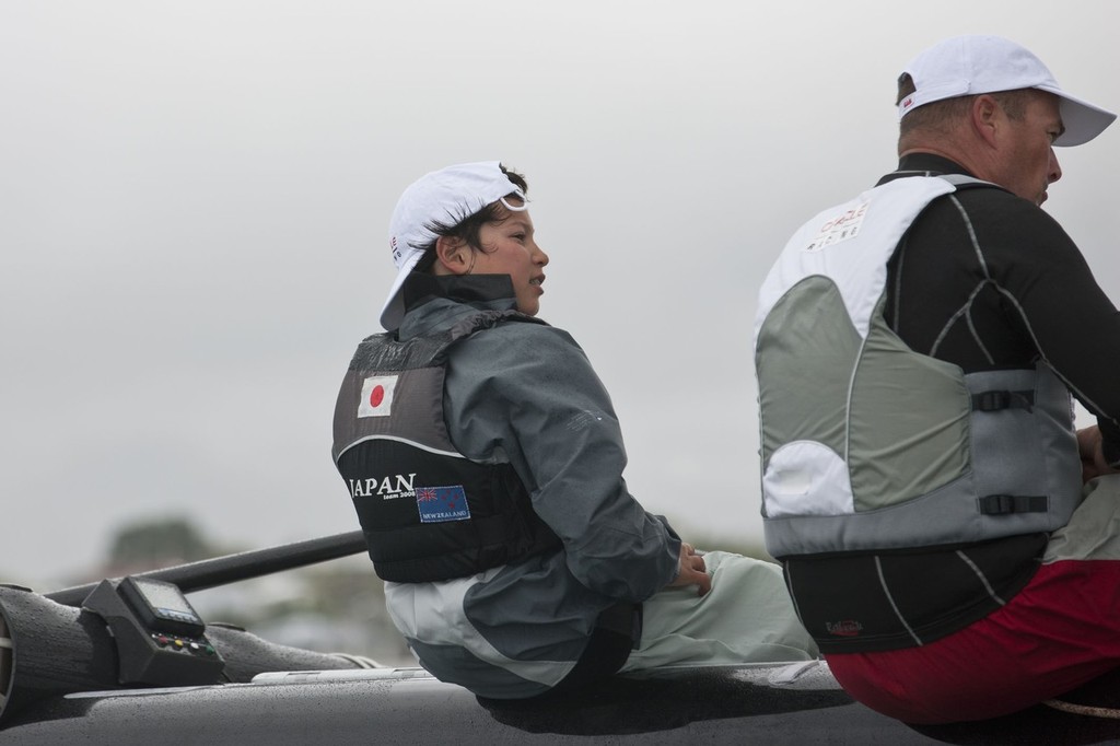 New Zealand national Optimist Champion, Leonard Takahashi-Fry on the handlebars of the AC45 - photo © Gilles Martin-Raget/Oracle Racing.com http://www.oracleteamusamedia.com/